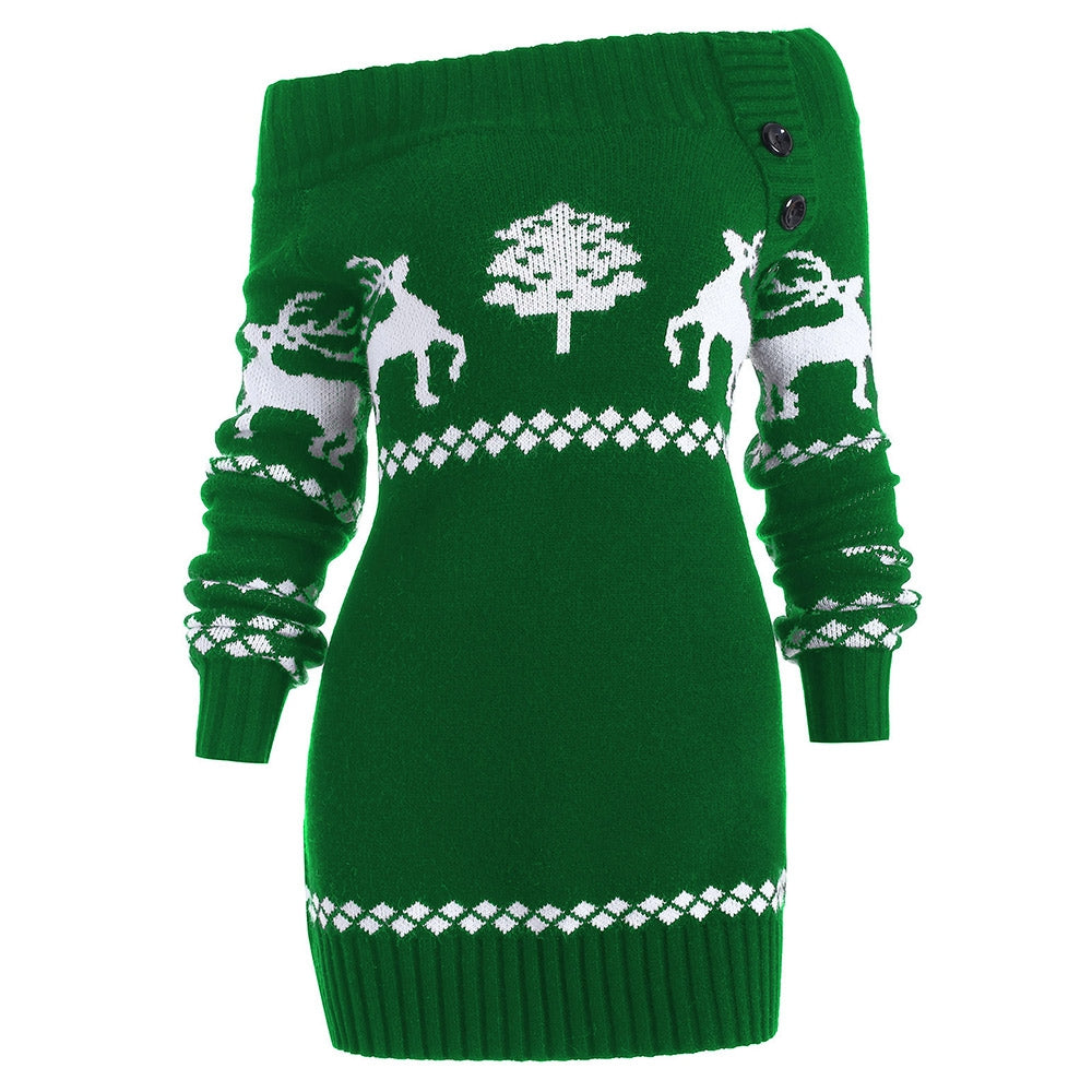Off The Shoulder Reindeer Knit Tunic Sweater