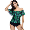 Off Shoulder Flounce Leaves Print Swimsuit