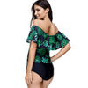 Off Shoulder Flounce Leaves Print Swimsuit