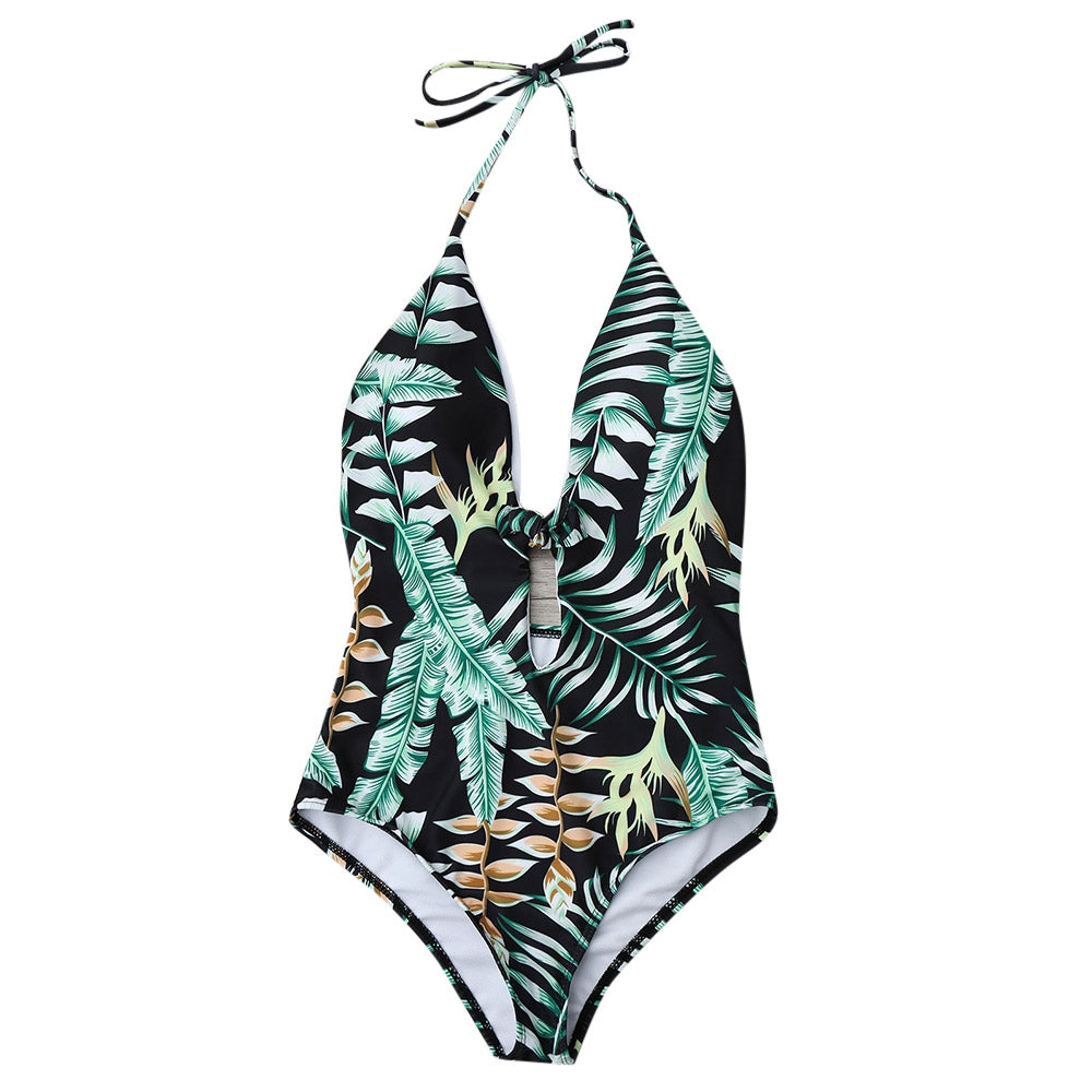 Tropical Halter Backless One-piece Swimsuit