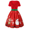 Short Sleeve Christmas Print Belted Vintage Dress