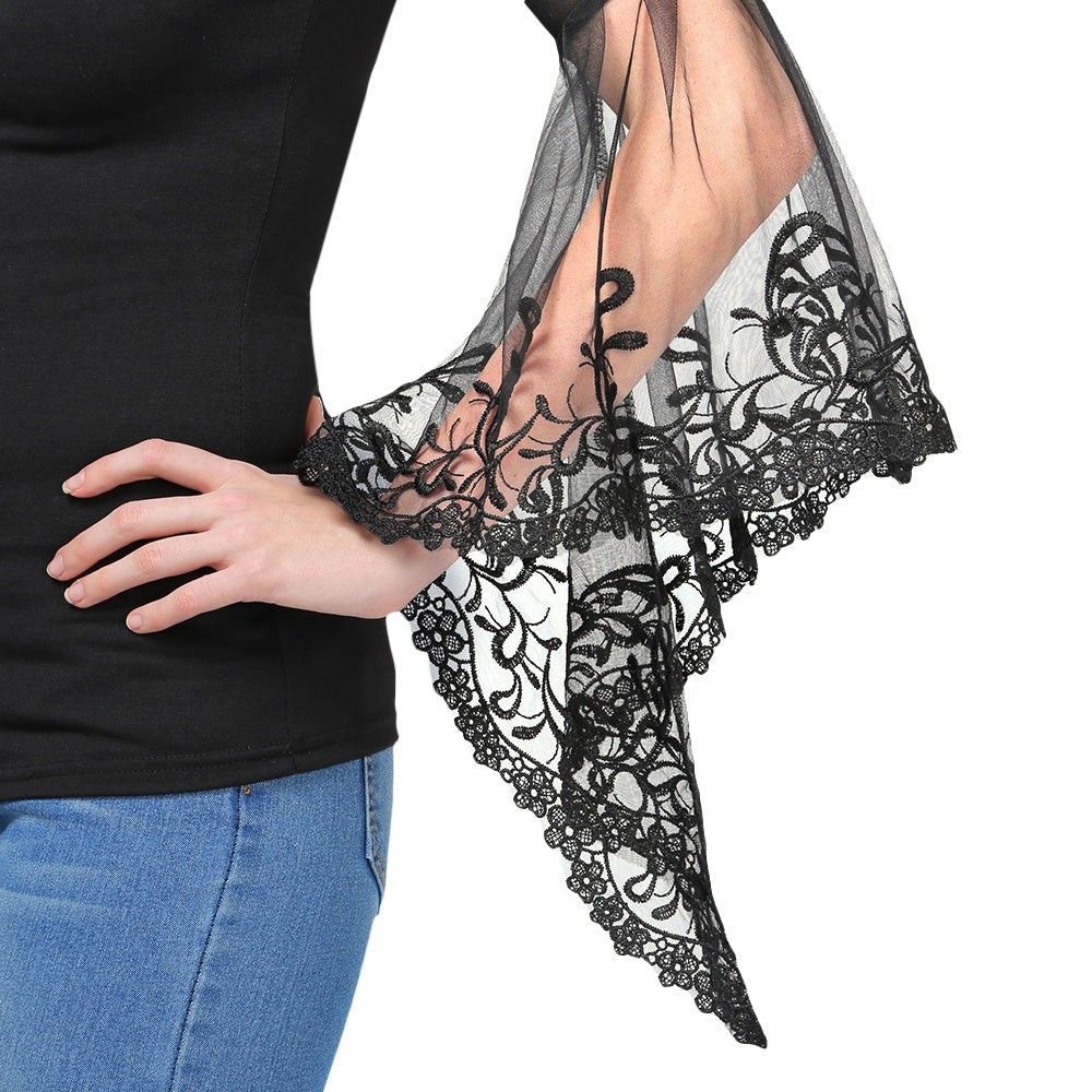 V Neck Bell Sleeve Sheer Lace Panel T-Shirt