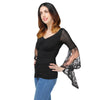 V Neck Bell Sleeve Sheer Lace Panel T-Shirt