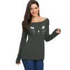 Cat Face Print Long Sleeve Ripped T-shirt