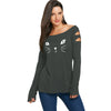 Cat Face Print Long Sleeve Ripped T-shirt