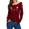 Cat Face Print Long Sleeve Ripped T-shirt