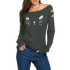 Cat Face Print Long Sleeve Ripped T-shirt