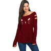Cat Face Print Long Sleeve Ripped T-shirt