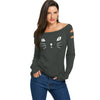 Cat Face Print Long Sleeve Ripped T-shirt