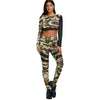 Round Collar Camouflage Spliced Women Crop Top with Pants