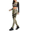 Round Collar Camouflage Spliced Women Crop Top with Pants