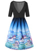 Backless Cartoon Village Print Flare Dress