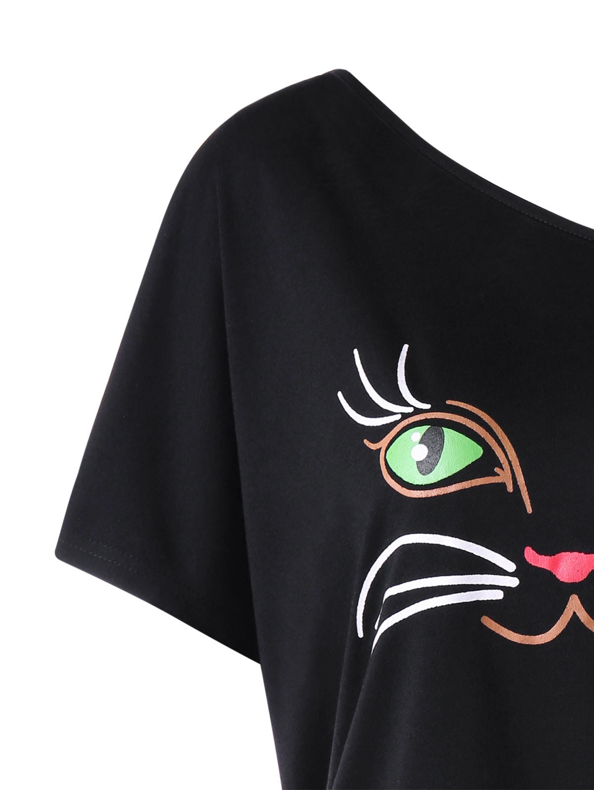 Cat Print Skew Collar Tunic T-shirt