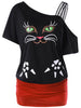 Cat Print Skew Collar Tunic T-shirt