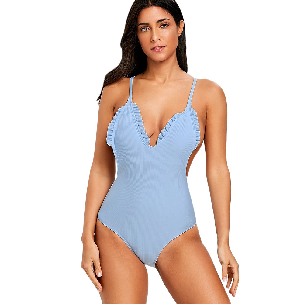 Ribbed Frilled Trim Cami Strap Swimsuit