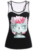 Sheer Mesh Floral Cat Print Tank Top