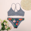 Spaghetti Strap Padded Stripe Floral Print Women Bikini Set