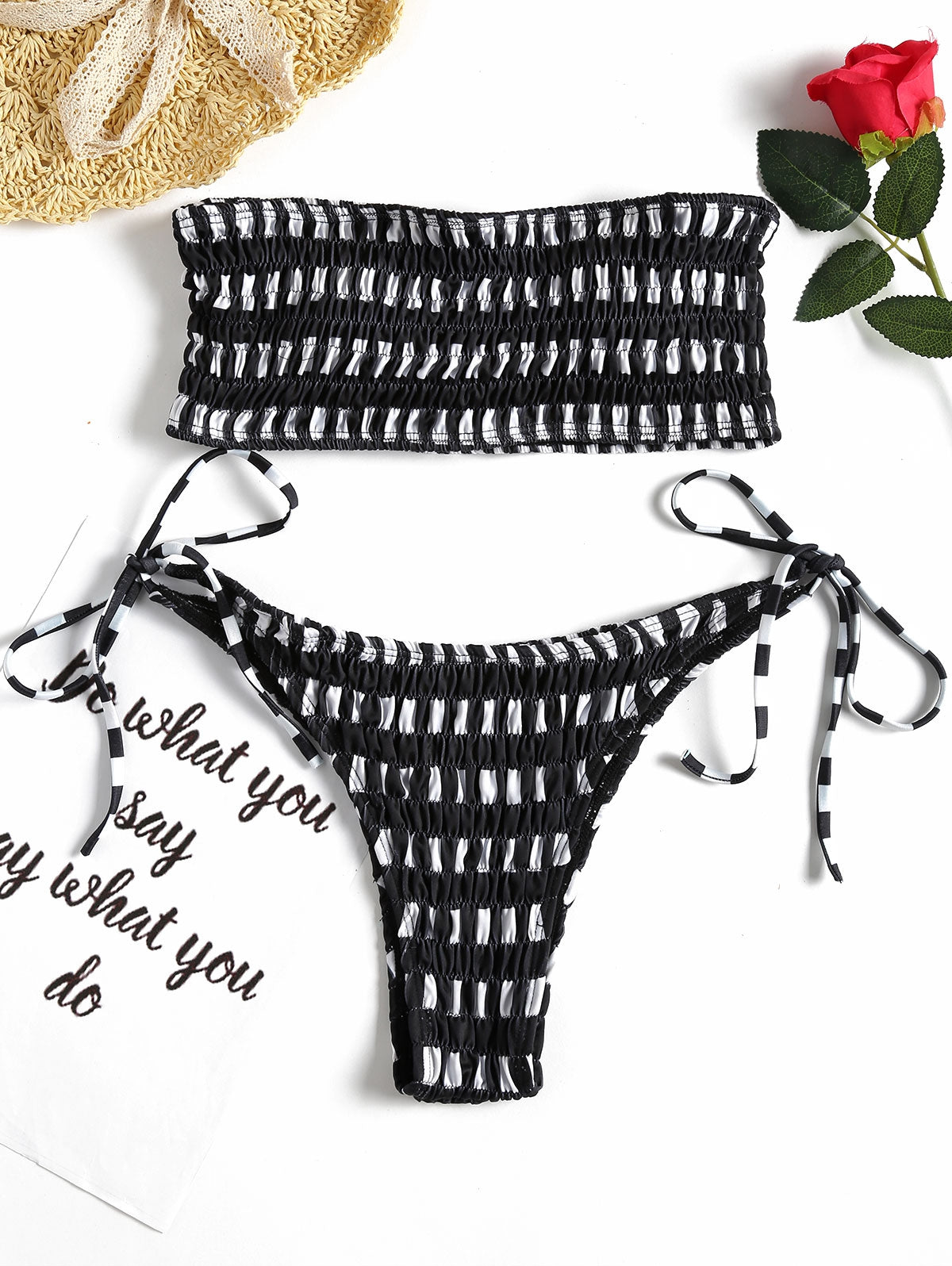 Shirred Bandeau String Bikini Set