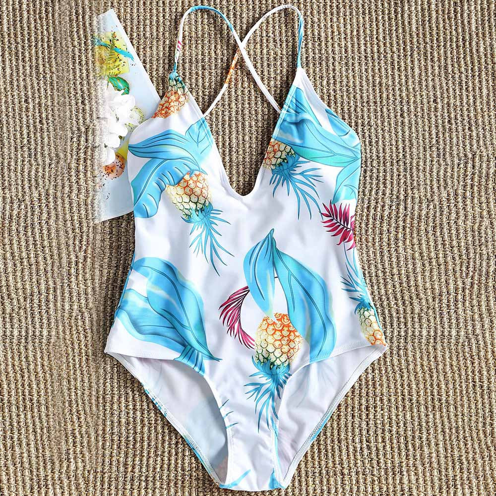 Low Cut Pineapple Print Backless Swimsuit
