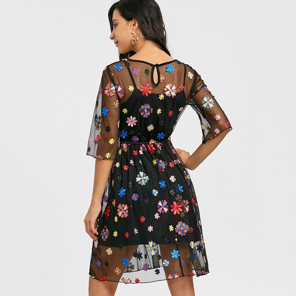 Embroidery Floral Sheer Dress with Cami Dress