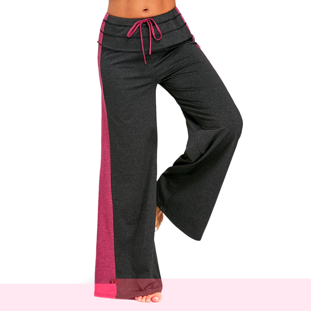 Elastic Waisted Wide Leg Pants with Color Block
