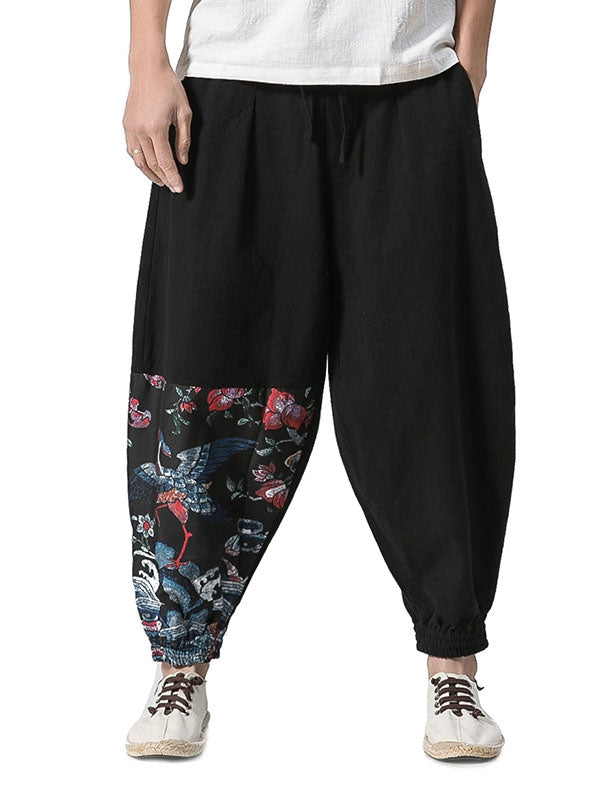 Cotton Linen Chinoiserie Printed Jogger Pants