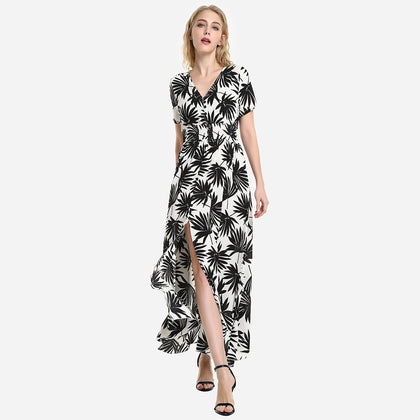 ZAN.STYLE Short Sleeve Floral Print V Neck Dress