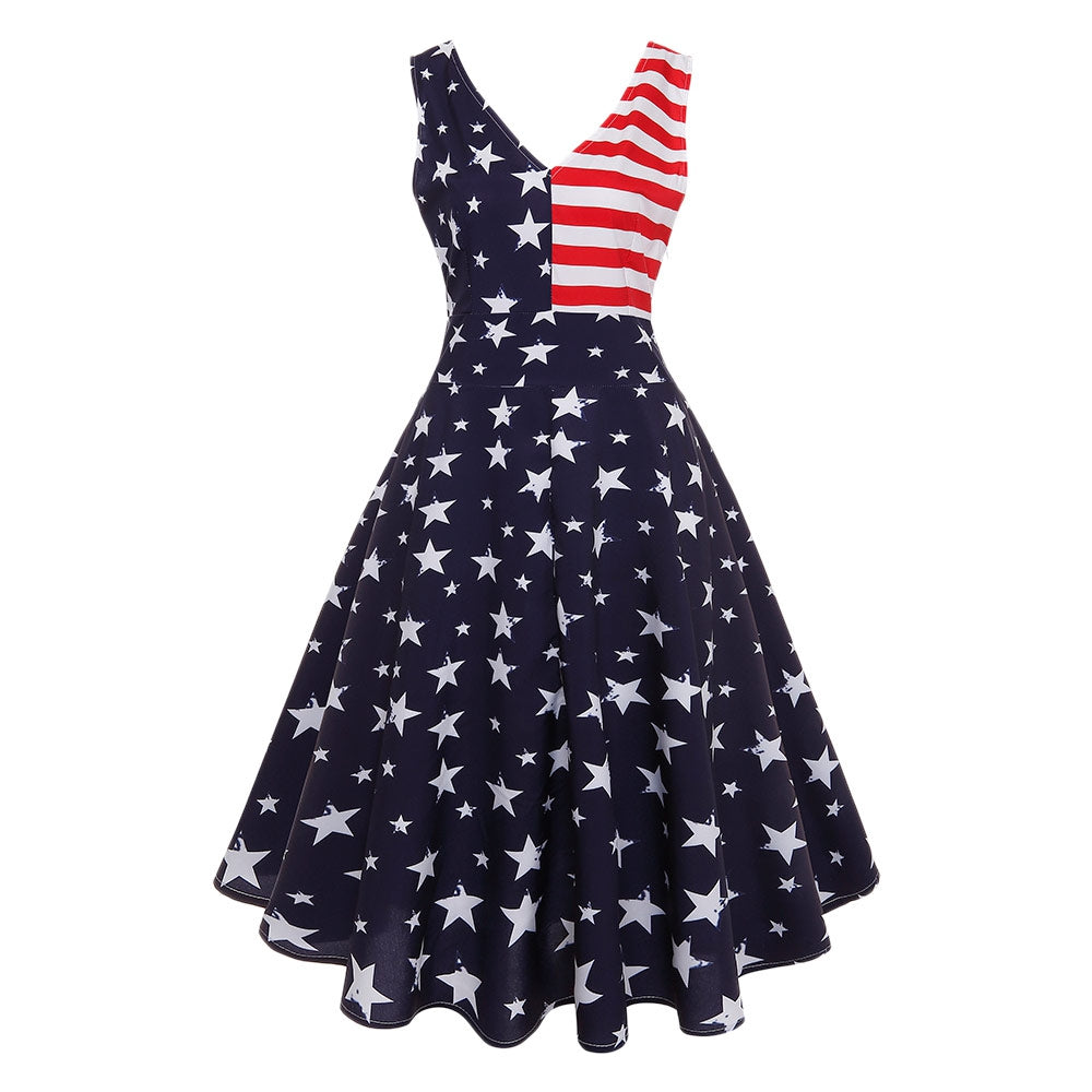 Lady Stripe Vintage Flag V-neck Ball Gown Sleeveless Dress