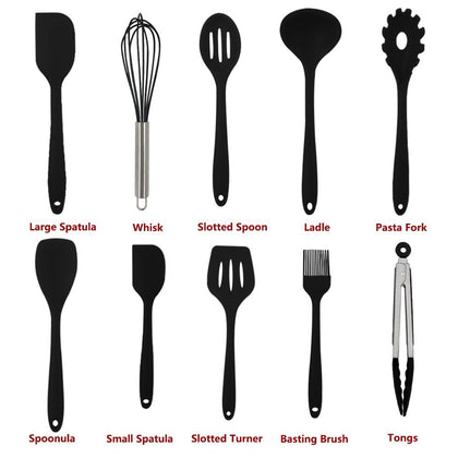 10-Piece Silicone Kitchen Utensil Set Non-Stick Heat-Resistant Cooking Tools - Tong/Whisk/Slotted Spoon/Basting Brush/Spatula/Soup Ladle/Slotted Turner/Pasta Server/Spoonula for Cooking Serving, Black