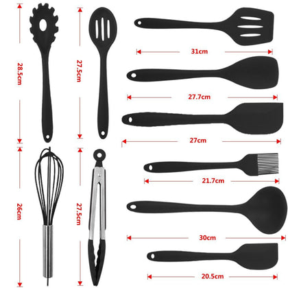 10-Piece Silicone Kitchen Utensil Set Non-Stick Heat-Resistant Cooking Tools - Tong/Whisk/Slotted Spoon/Basting Brush/Spatula/Soup Ladle/Slotted Turner/Pasta Server/Spoonula for Cooking Serving, Black