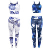 Round Collar Leaf Print Mid Waist Elastic Women Sports Suit