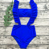 Sexy Shoulder Strap Padded Ruffle High Waist Solid Color Bikini Set