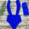 Sexy Shoulder Strap Padded Ruffle High Waist Solid Color Bikini Set