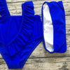 Sexy Shoulder Strap Padded Ruffle High Waist Solid Color Bikini Set