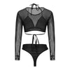 Round Collar Mesh Mid Waist Women Three-piece Swimsuit