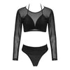 Round Collar Mesh Mid Waist Women Three-piece Swimsuit