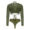 Round Collar Mesh Mid Waist Women Three-piece Swimsuit