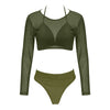 Round Collar Mesh Mid Waist Women Three-piece Swimsuit