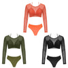 Round Collar Mesh Mid Waist Women Three-piece Swimsuit