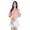 V Neck Half Bell Sleeve Lace Polka Dot Chiffon Women T-shirt