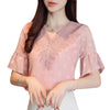 V Neck Half Bell Sleeve Lace Polka Dot Chiffon Women T-shirt