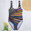 Scoop Neck Backless Padded Colorful Stripe Women Swimsuit