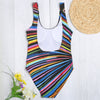 Scoop Neck Backless Padded Colorful Stripe Women Swimsuit