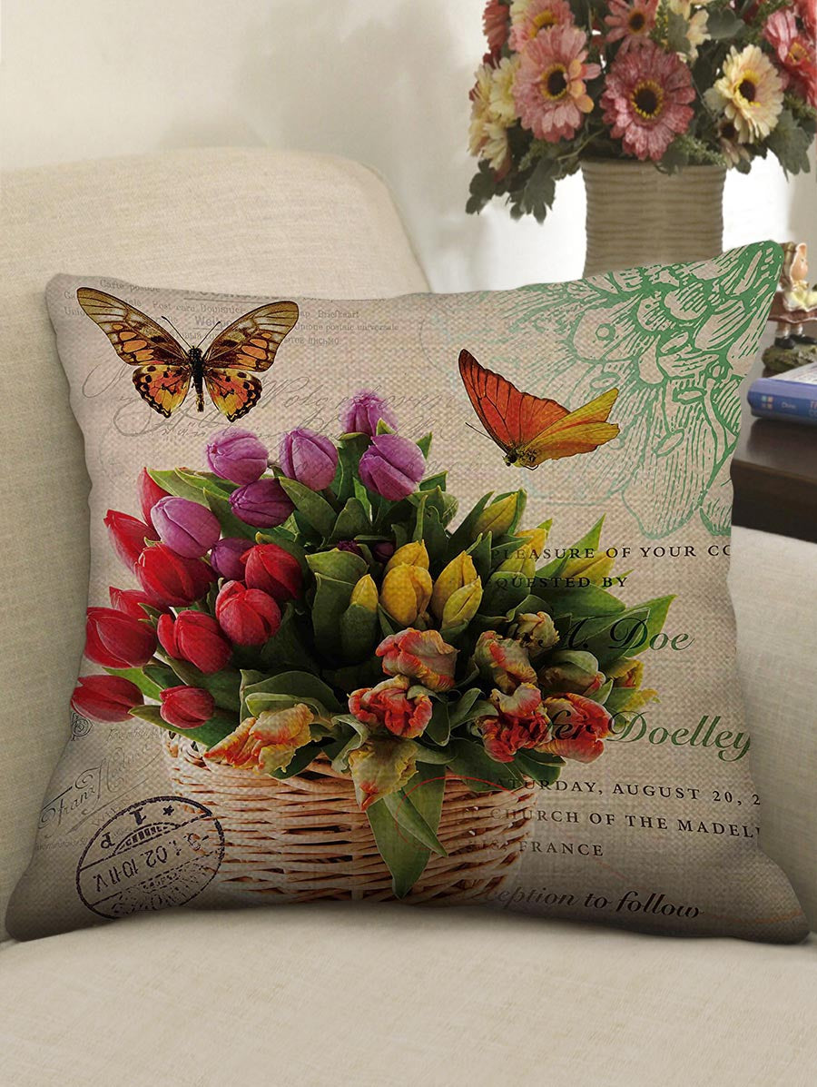 Flowers and Butterfly Print Decorative Linen Pillowcase