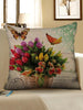 Flowers and Butterfly Print Decorative Linen Pillowcase