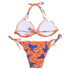 Women Sexy Tied Strap Backless Lady Swimwear Flouncing Leaf Print Bikini Set