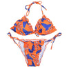 Women Sexy Tied Strap Backless Lady Swimwear Flouncing Leaf Print Bikini Set