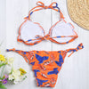 Women Sexy Tied Strap Backless Lady Swimwear Flouncing Leaf Print Bikini Set