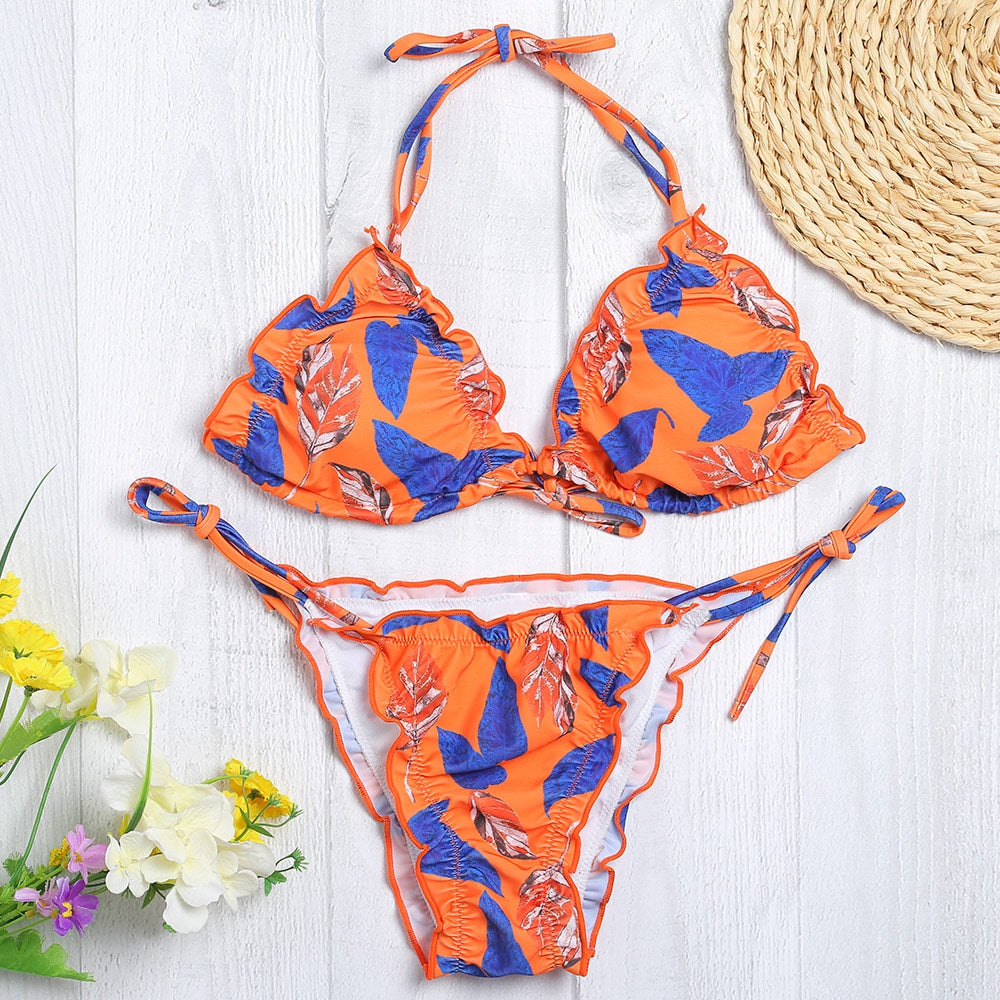 Women Sexy Tied Strap Backless Lady Swimwear Flouncing Leaf Print Bikini Set