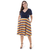 Plunge Neck Short Sleeve Plaid Stripe Plus Size A-line Women Dress